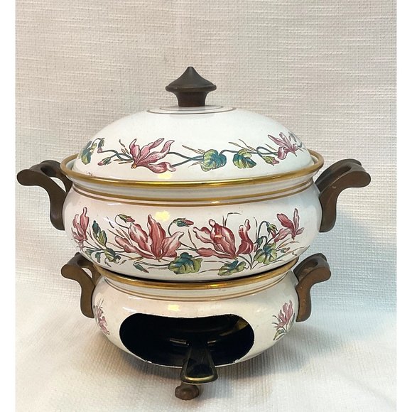 Vintage Fondue Pot With Burner Beautiful Floral Pattern Collectable Enamelware - Picture 2 of 15